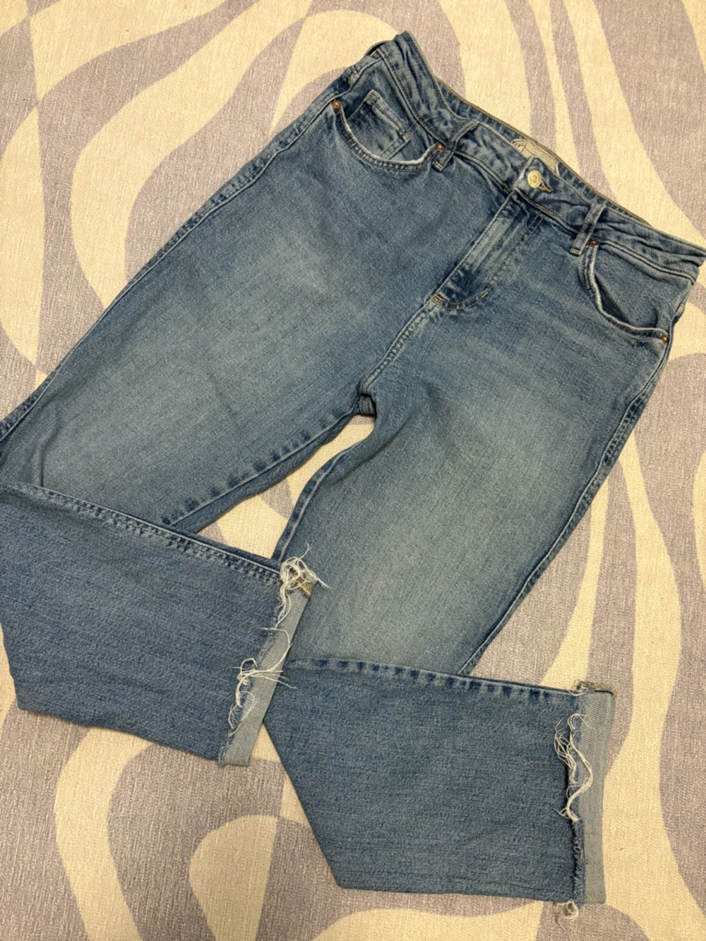 Free People Washed Blue Cropped Jeans with Raw Hem